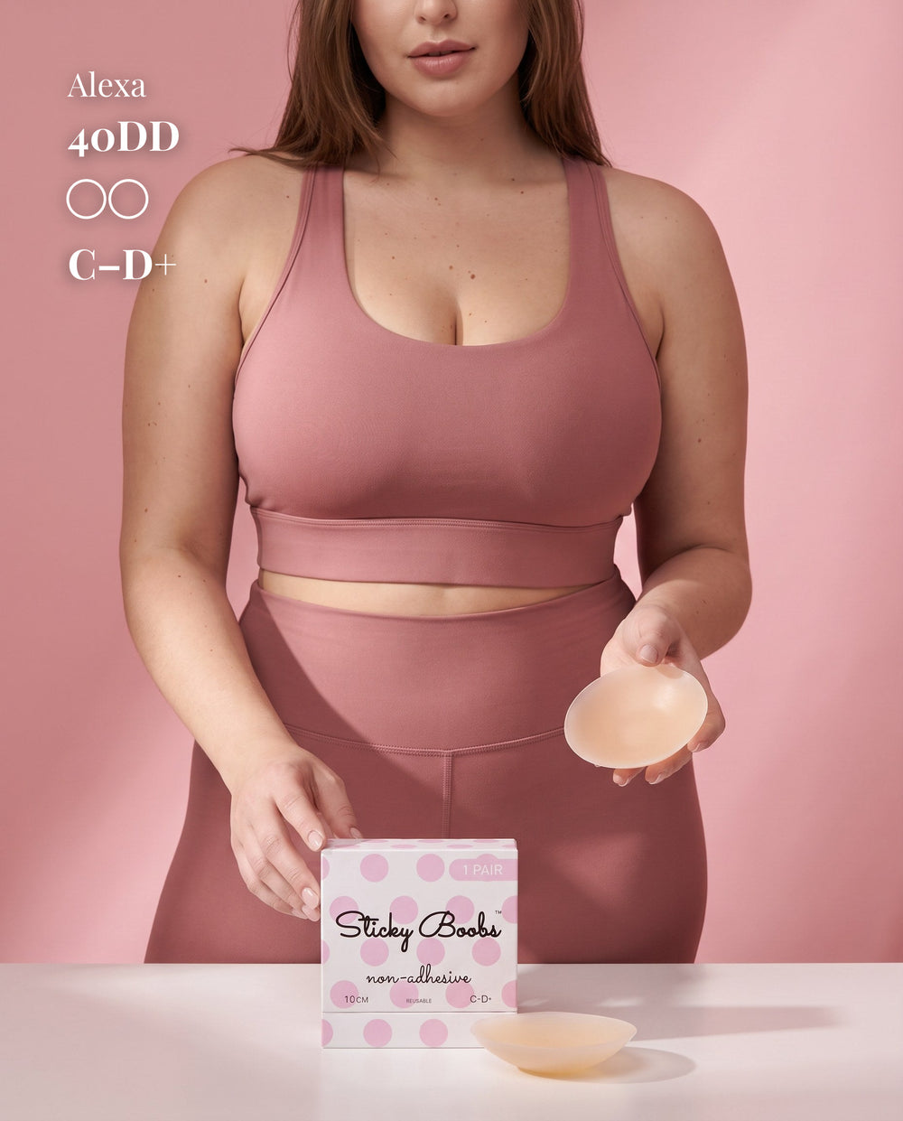 Non-Adhesive Nipple Covers, Light shade, size C-D+ (10cm) — model with non-adhesive nipple covers and box