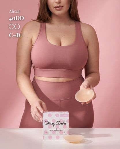 Non-Adhesive Nipple Covers, Light shade, size C-D+ (10cm) — model with non-adhesive nipple covers and box 