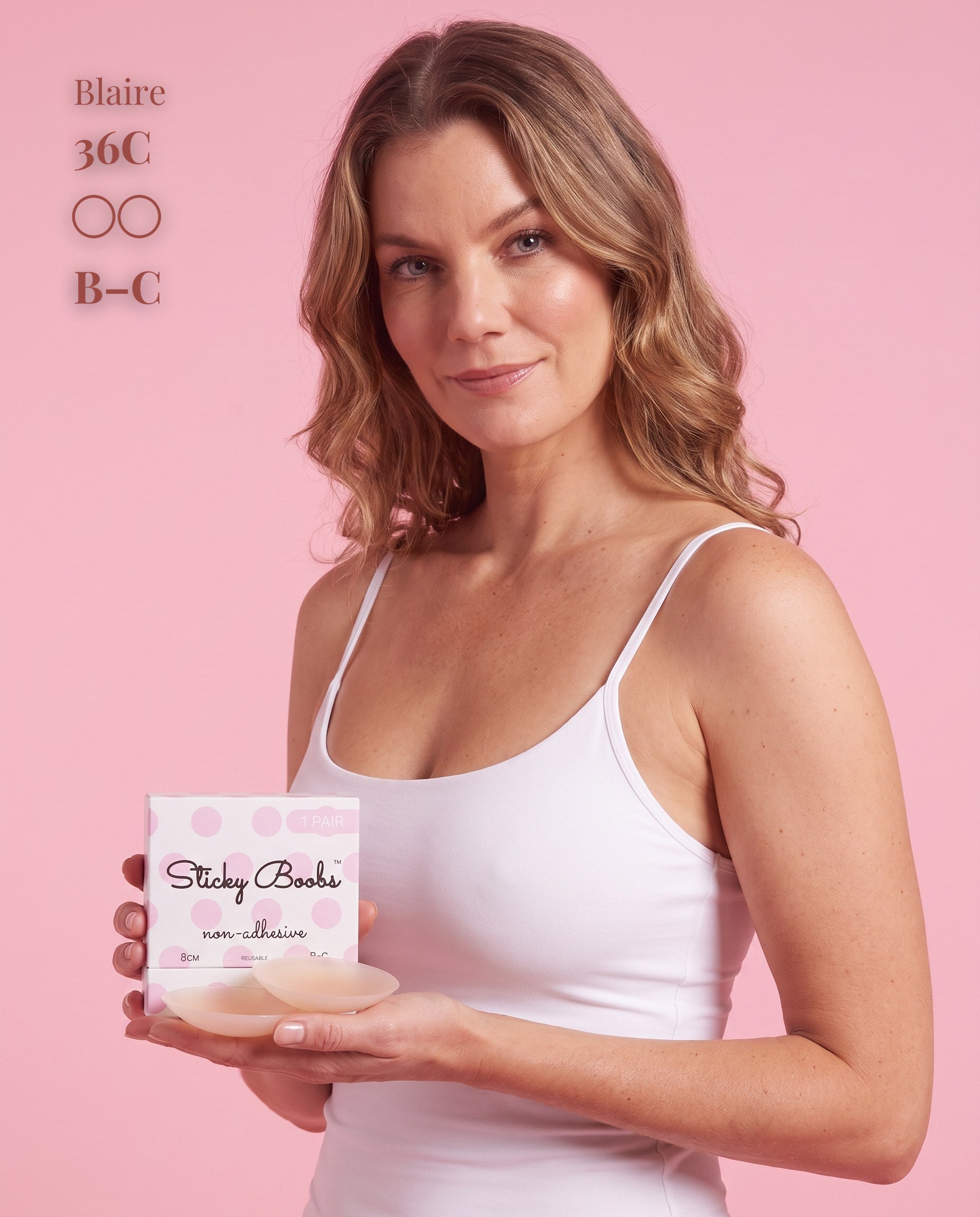 Non-Adhesive Nipple Covers, Light shade, size B-C (8cm) — model with non-adhesive nipple covers and box 