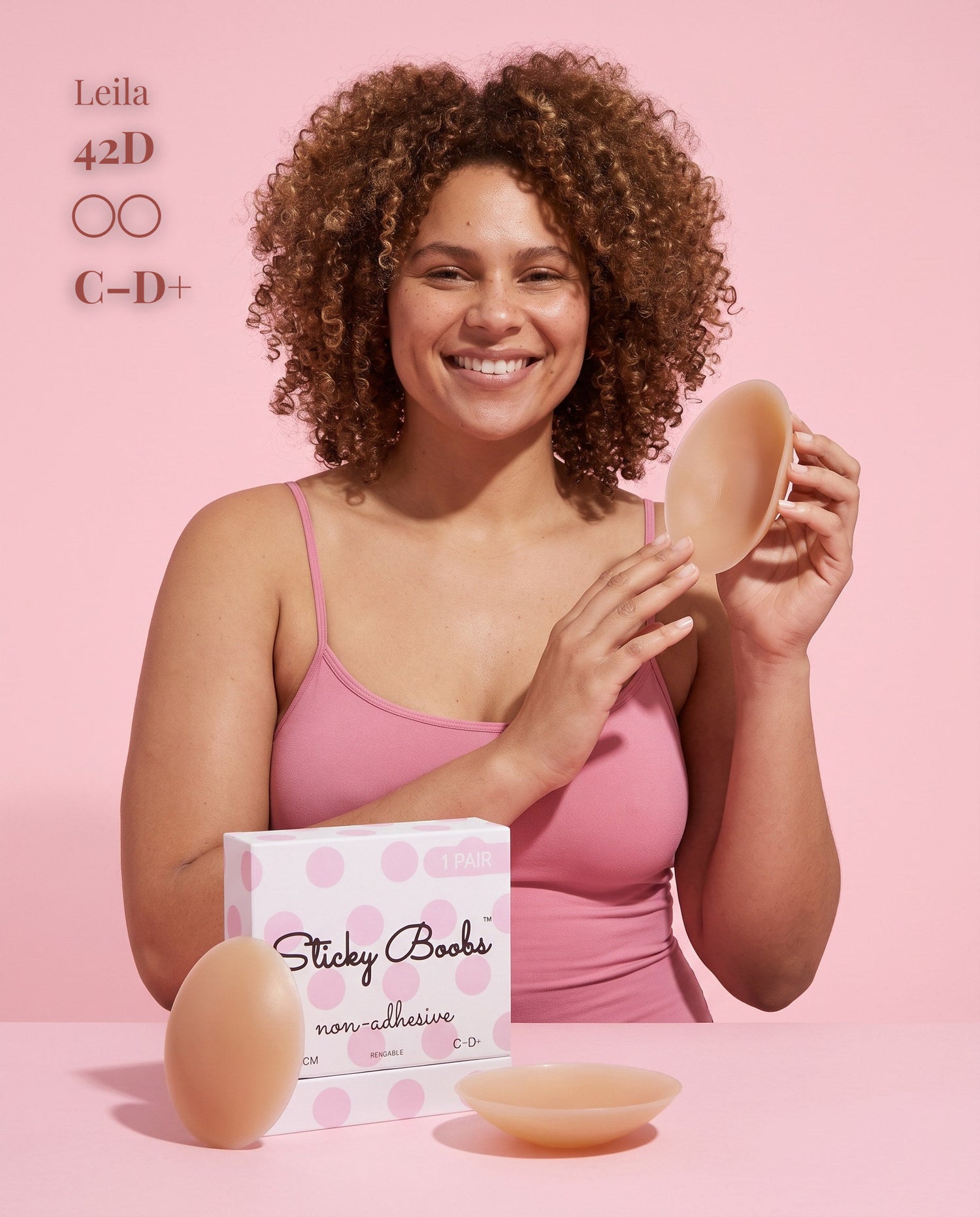 Non-Adhesive Nipple Covers, Tan shade, size C-D+ (10cm) — model with non-adhesive nipple covers and box 
