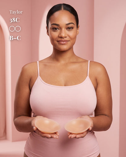 Non-Adhesive Nipple Covers, Tan shade, size B-C (8cm) — model with non-adhesive nipple covers and box 