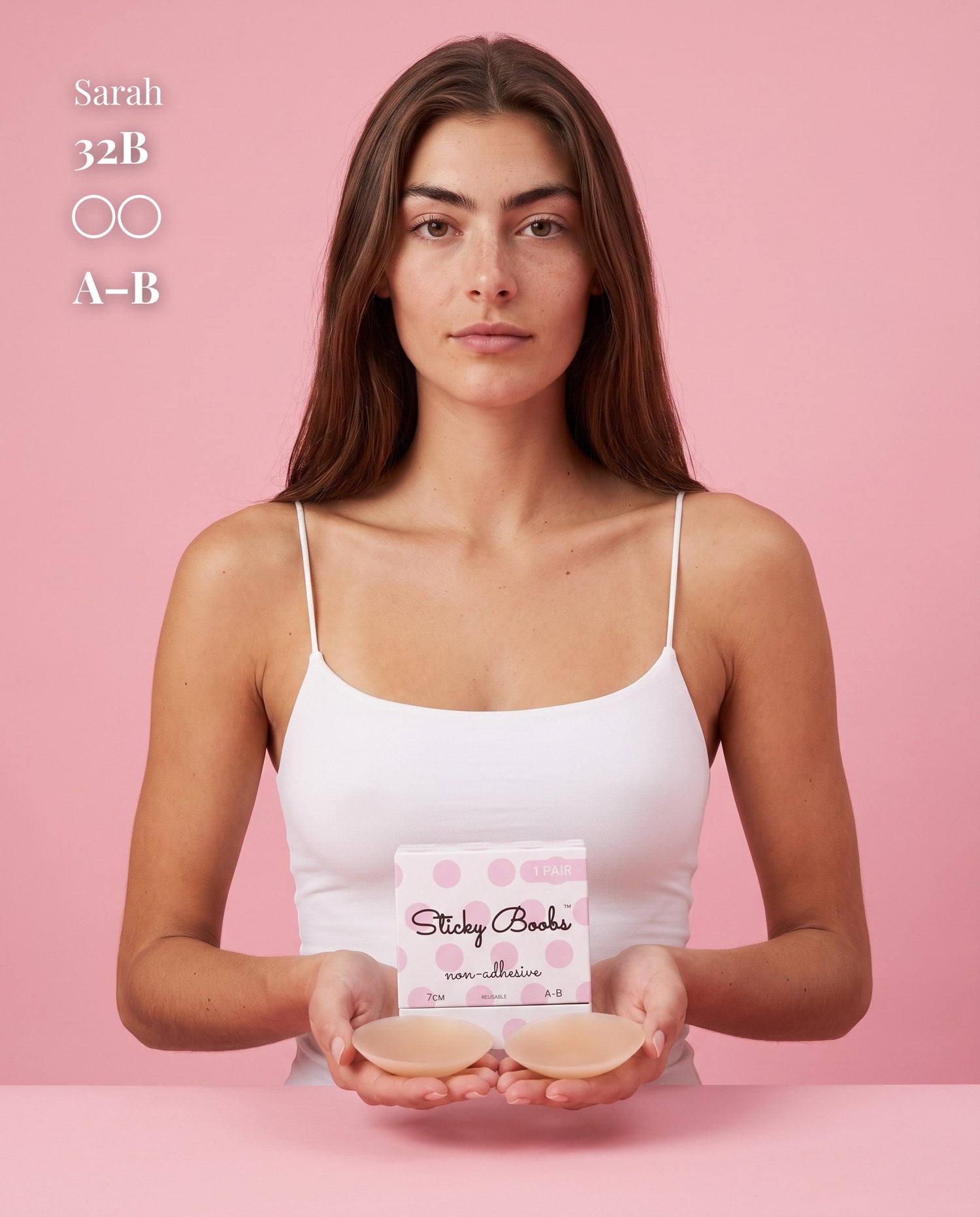 Non-Adhesive Nipple Covers, Tan shade, size A-B (7cm) — model with non-adhesive nipple covers and box 
