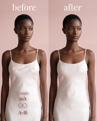 The Original Sticky Boobs, Dark shade, size A-B (7cm) — before and after under a white slip dress 