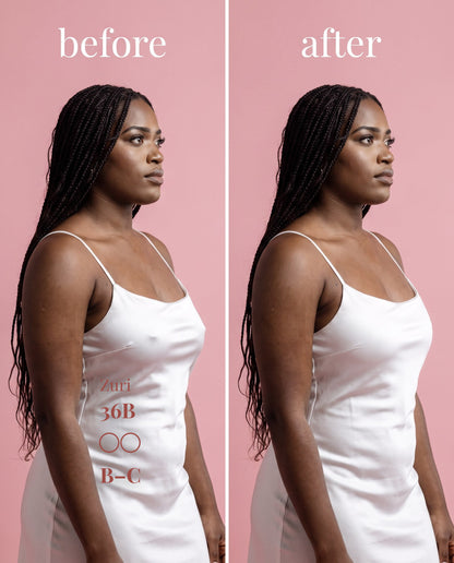 The Original Sticky Boobs, Dark shade, size B-C (8cm) — before and after under a white slip dress 