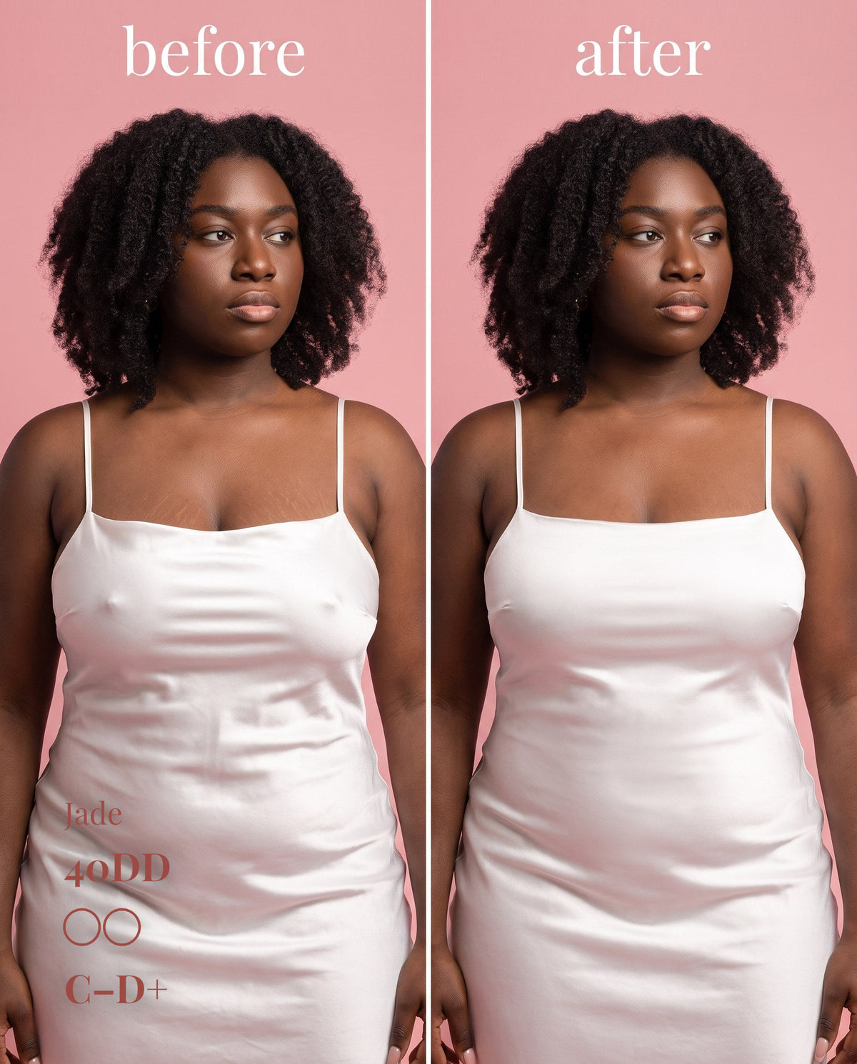 The Original Sticky Boobs, Dark shade, size C-D+ (10cm) — before and after under a white slip dress 
