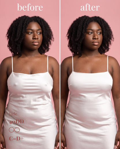 The Original Sticky Boobs, Dark shade, size C-D+ (10cm) — before and after under a white slip dress 