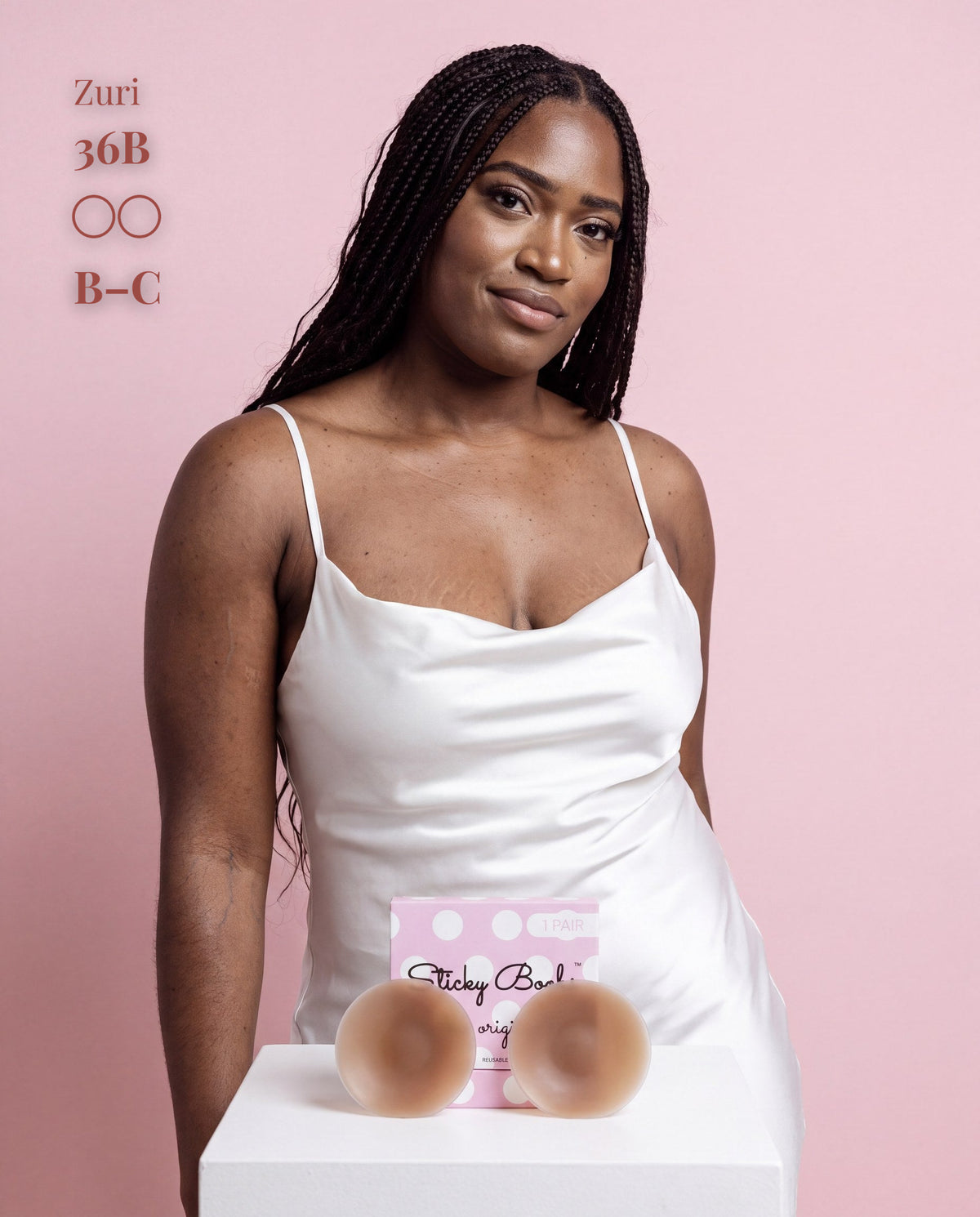 The Original Sticky Boobs, Dark shade, size B-C (8cm) — model with adhesive nipple covers and box 