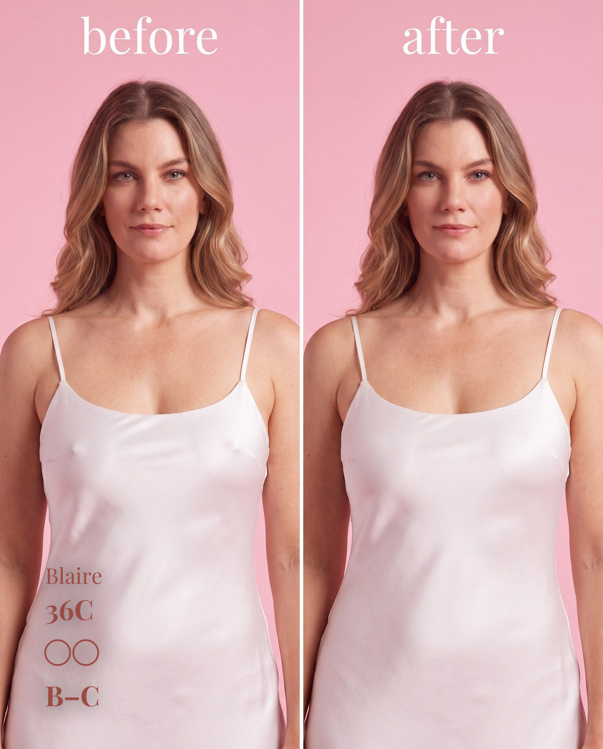 The Original Sticky Boobs, Light shade, size B-C (8cm) — before and after under a white slip dress 