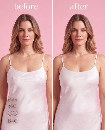 The Original Sticky Boobs, Light shade, size B-C (8cm) — before and after under a white slip dress 