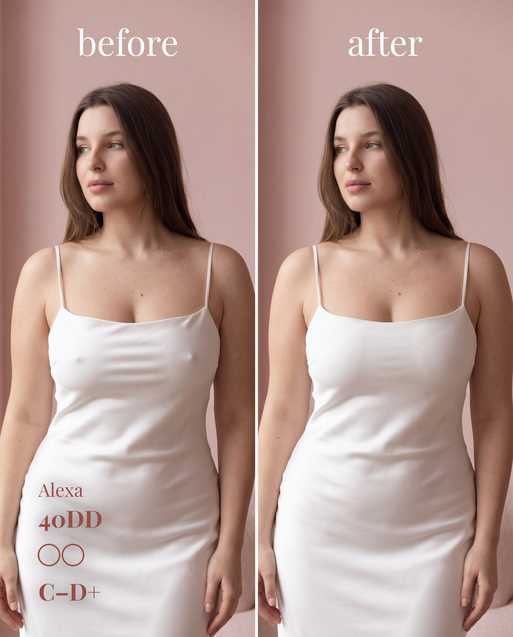 The Original Sticky Boobs, Light shade, size C-D+ (10cm) — before and after under a white slip dress