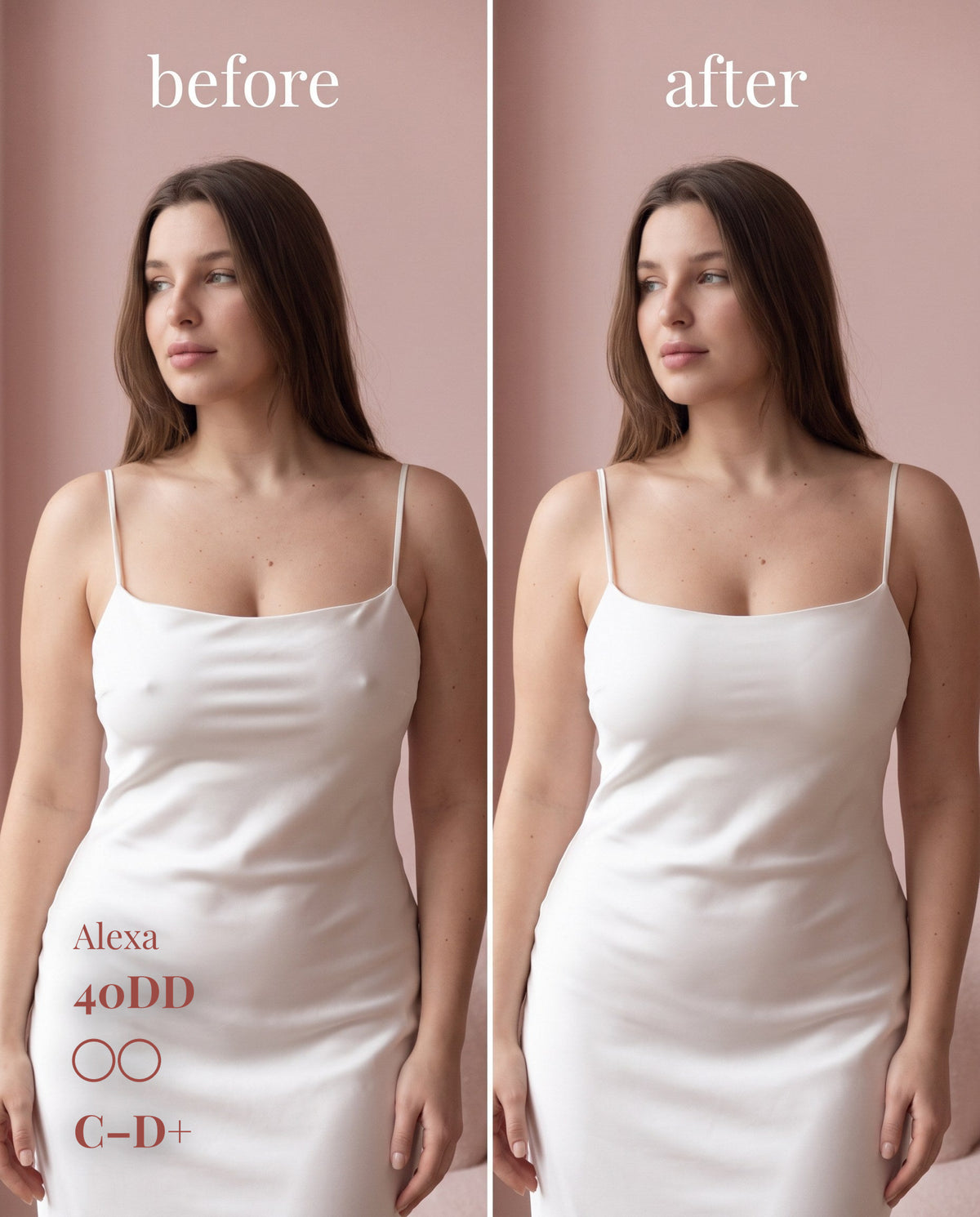 The Original Sticky Boobs, Light shade, size C-D+ (10cm) — before and after under a white slip dress 