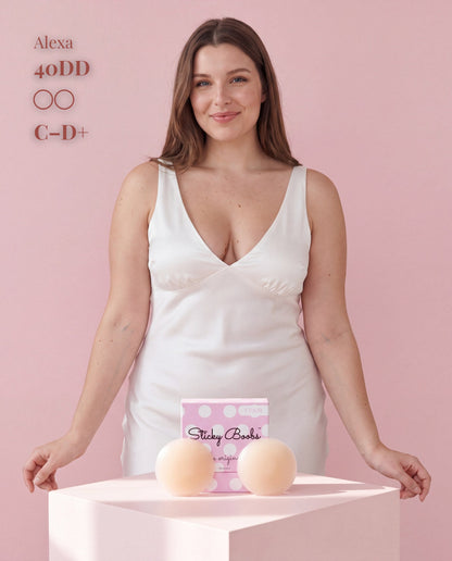 The Cover Set, Light, C-D+ — worn under a slip dress 