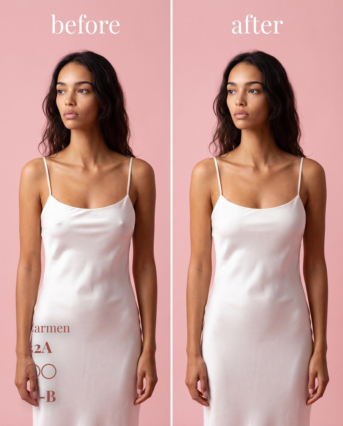 The Original Sticky Boobs, Tan shade, size A-B (7cm) — before and after under a white slip dress 