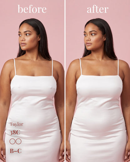 The Original Sticky Boobs, Tan shade, size B-C (8cm) — before and after under a white slip dress 