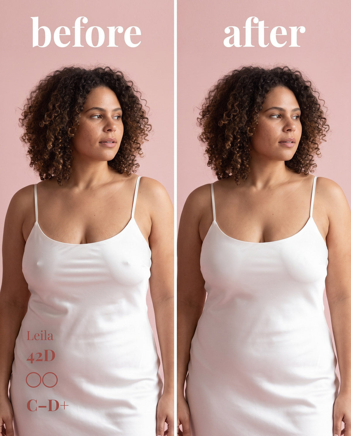 The Original Sticky Boobs, Tan shade, size C-D+ (10cm) — before and after under a white slip dress 