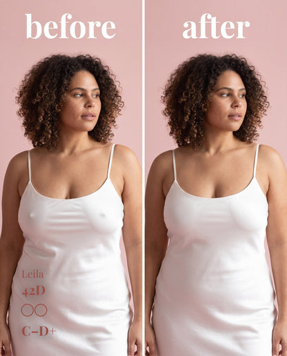 The Original Sticky Boobs, Tan shade, size C-D+ (10cm) — before and after under a white slip dress 