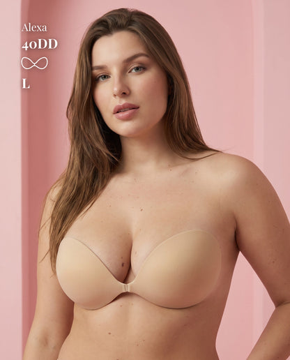 Sticky Bra Large (36D–42DD) — strapless backless adhesive push-up bra on model 