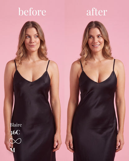 Sticky Bra Medium (32C–36D) — before and after under a satin slip dress 