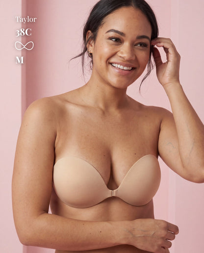 Sticky Bra Medium (32C–36D) — strapless backless adhesive push-up bra on model 